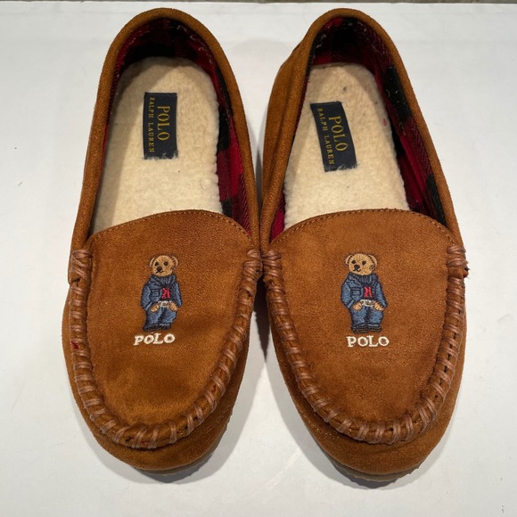 Polo Ralph Lauren Shoes - Polo Ralph Lauren Dezi V Bear Slippers Tan Faux Suede Moccasins Womens 7‎